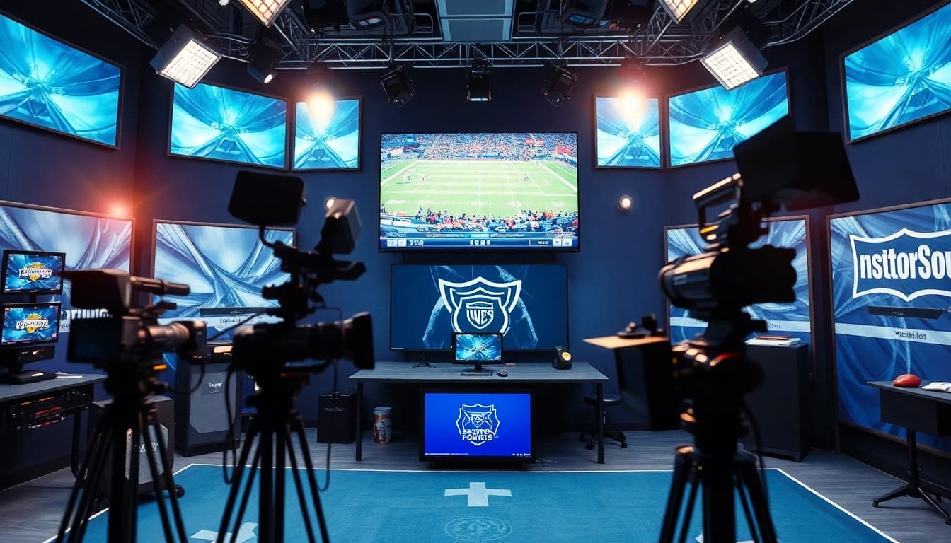 Engaging scene of sports broadcasting with equipment and vibrant atmosphere.