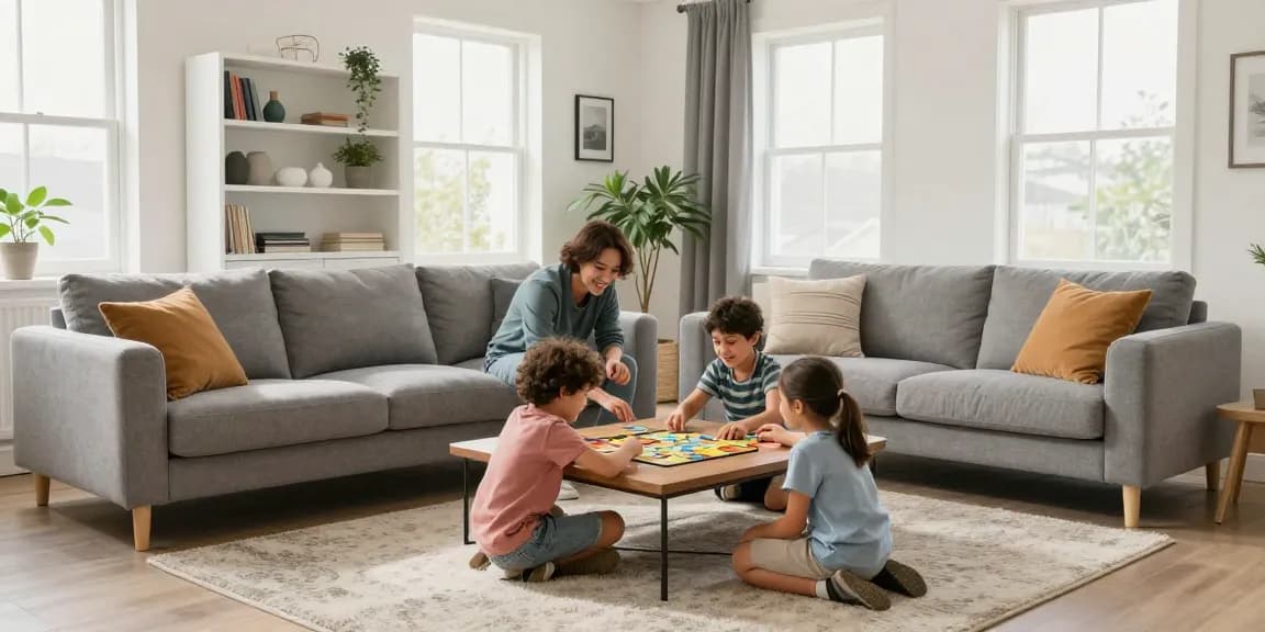 Gemütliches Wohnzimmer mit stilvollen Möbeln und spielender Familie, das das möbel online bestellen für ein einladendes Wohndesign betont.