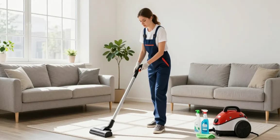 Cleaning expert demonstrating professional services from reinigungsfirmen solothurn in a bright living room.