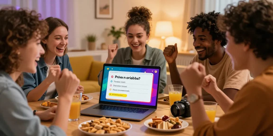 Freunde genießen Quiz Allgemeinwissen in einem gemütlichen Wohnzimmer mit Snacks und guter Stimmung.