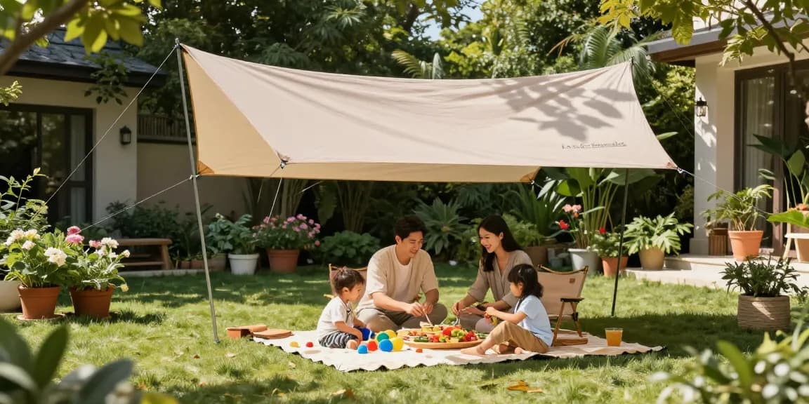 Freistehende Terrassenüberdachung in einem Garten mit Familie, die ein Picknick genießt.