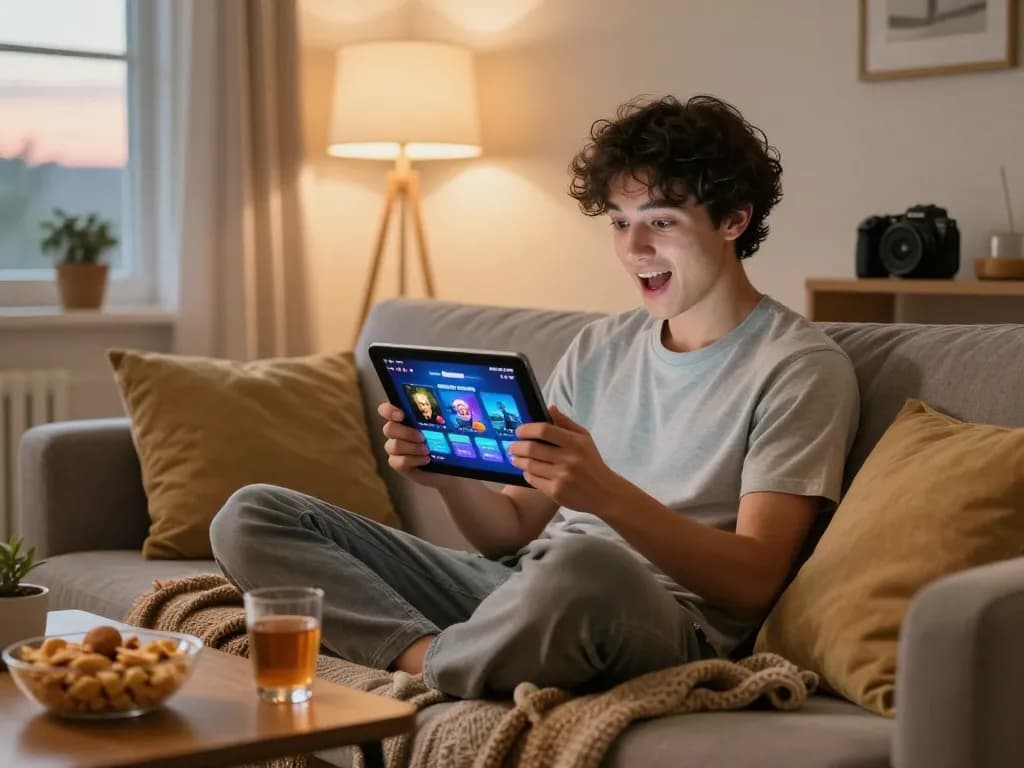 Enjoying free mobile porn games in a cozy living room with tablet and snacks.