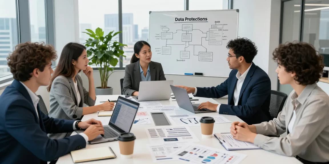 Consulting office meeting on Startseite with experts discussing GDPR compliance strategies and data protection solutions.