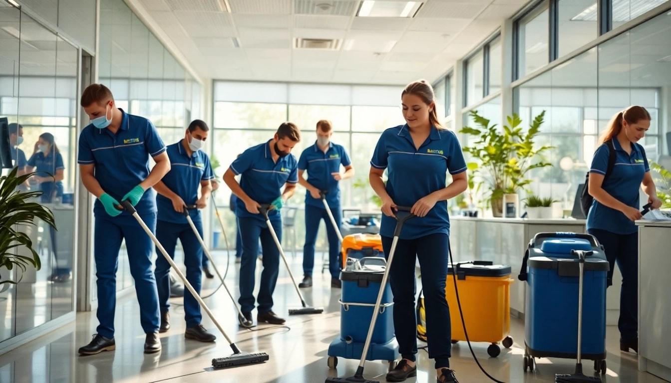 Team bei der Gebäudereinigung Ulm, der professionelle Reinigung in einer modernen Büroumgebung durchführt.