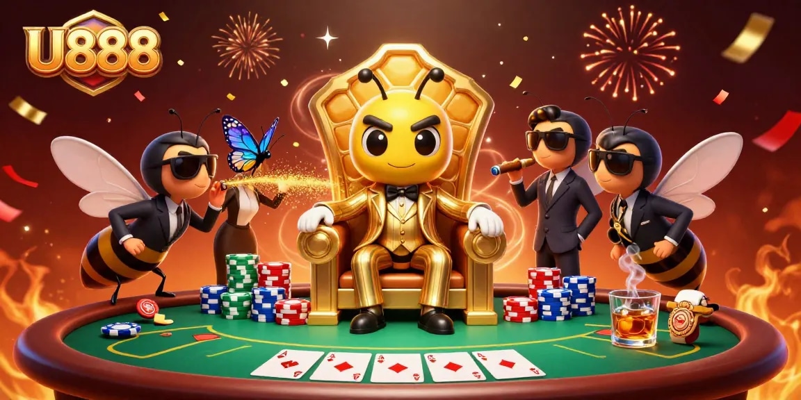 Experience thrilling poker action at U888 with vibrant cartoon characters in a lavish casino setting.