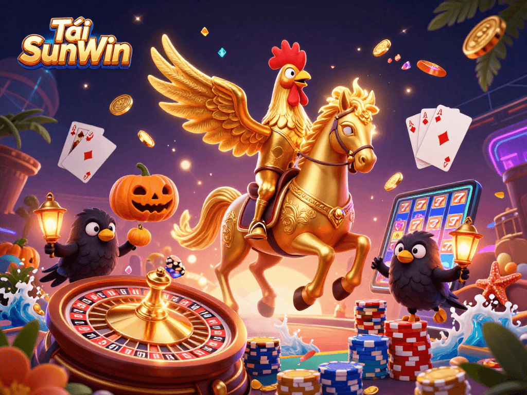 Engage with Tải SunWin in this vibrant casino scene featuring a golden rooster and lush gaming elements.