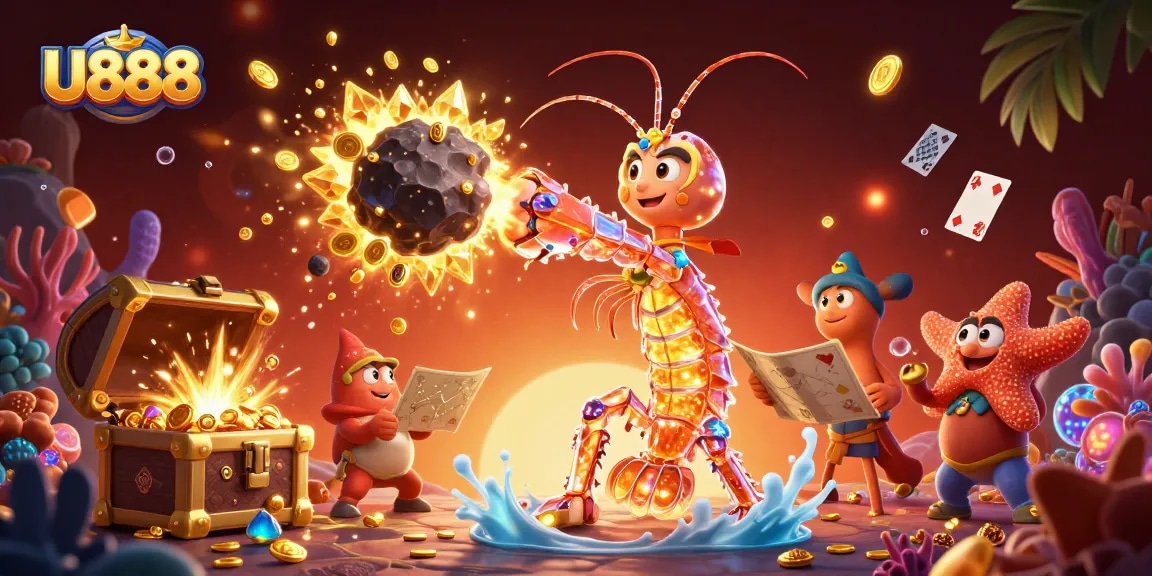 Experience U888's vibrant gaming world with cartoon elements bursting with gems and coins.