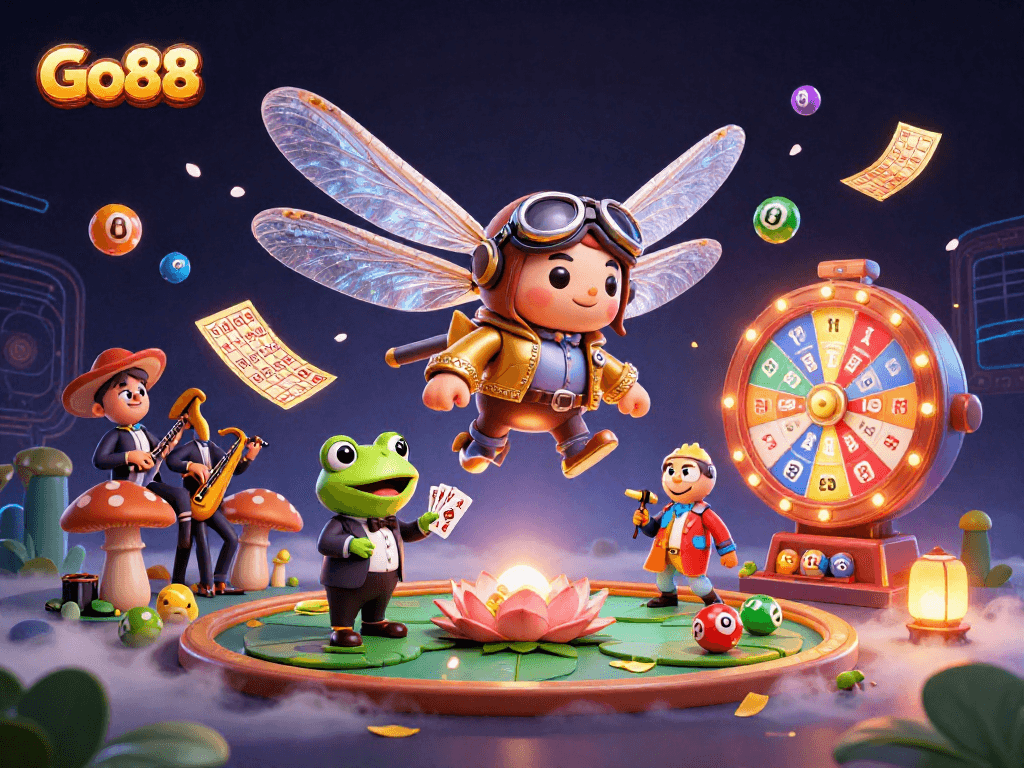 Engage with Go88's vibrant gaming experience featuring a dragonfly pilot, frog croupier, and dynamic lottery elements.
