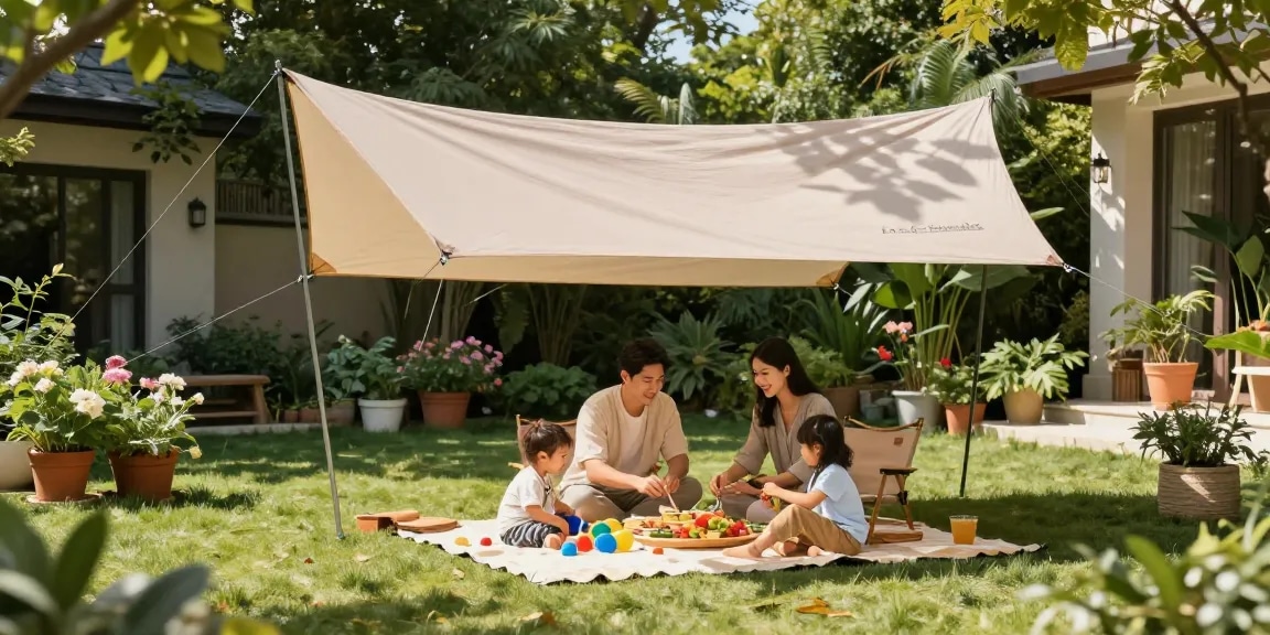Freistehende Terrassenüberdachung in einem Garten mit Familie, die ein Picknick genießt.