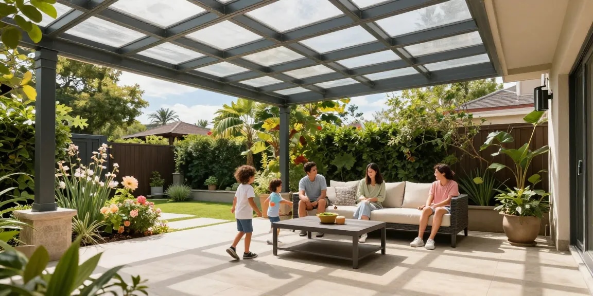 Moderne Terrassenüberdachung mit Familie und Garten genießen.