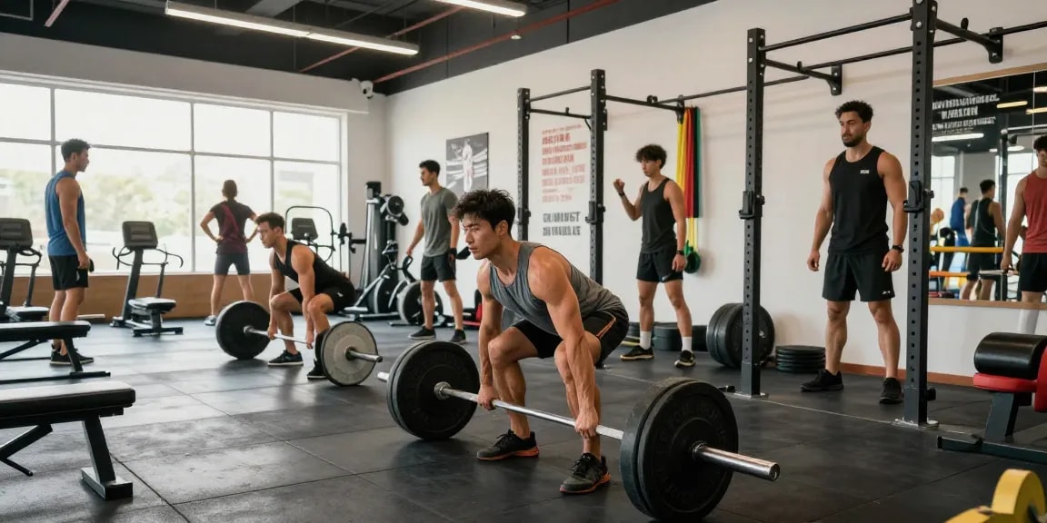 Intensives Training im Steroidshop mit Bodybuilder, der schweres Gewicht hebt
