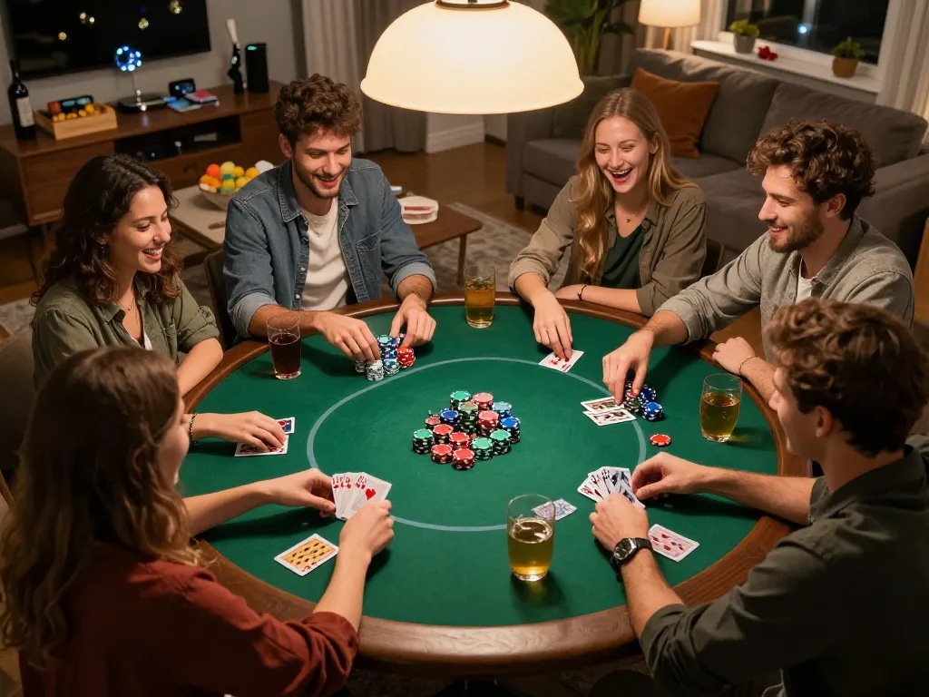 Friends engaging in an exciting home poker night, showcasing strategic gameplay with colorful chips, reflecting camaraderie and responsible gaming with KI Detektor deutsch.