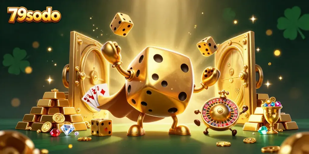 Experience the excitement at 79sodo with golden dice and gems bursting from a treasure vault.