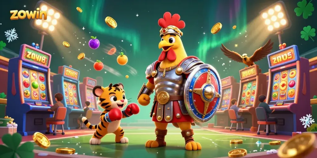 Zowin gaming scene featuring a gladiator rooster and tiger cub amongst vibrant slots and prizes.