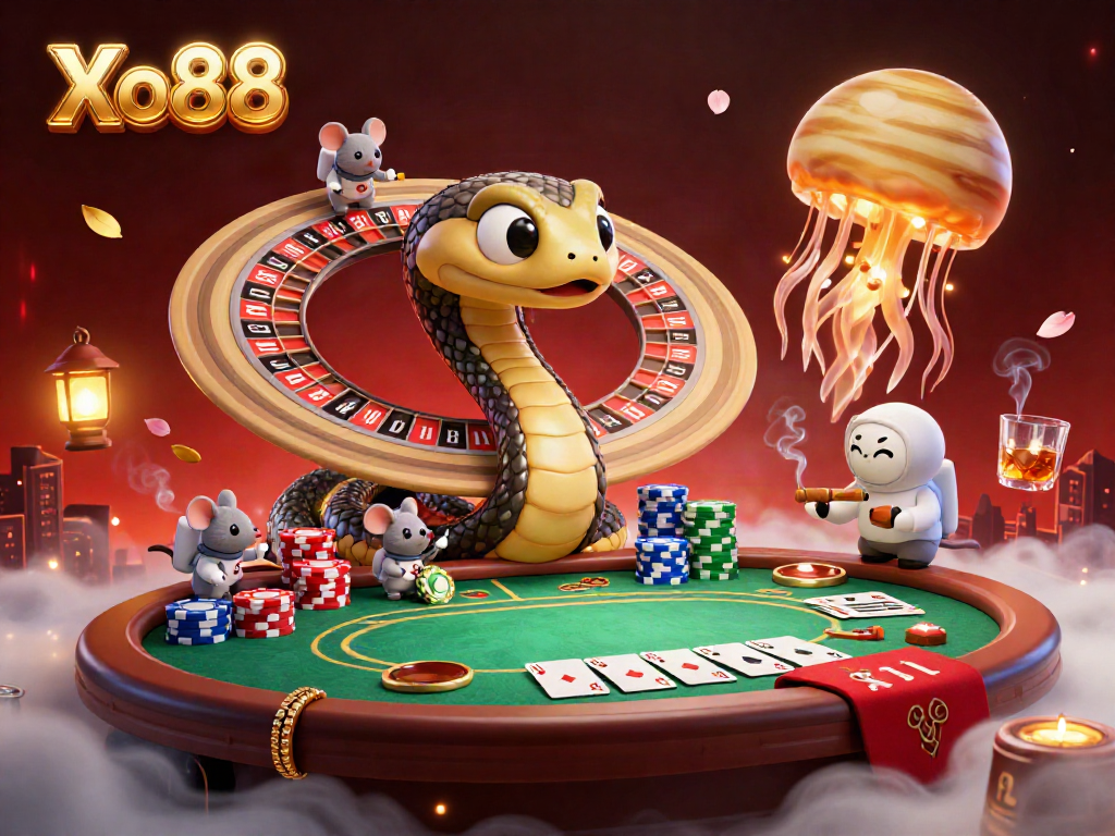 Xo88 offers a vibrant 3D casino scene with astronaut mice betting and a cosmic jellyfish dealer.