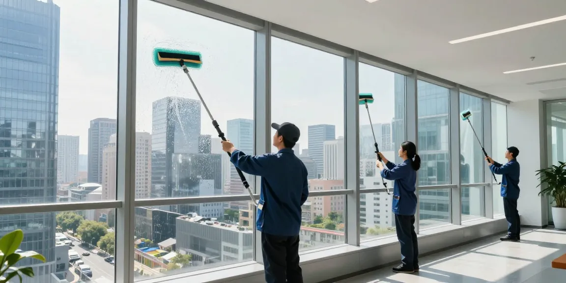 Professionelle Fensterreinigung Düsseldorf in einem modernen Büro mit großen Fenstern und Stadtansicht.