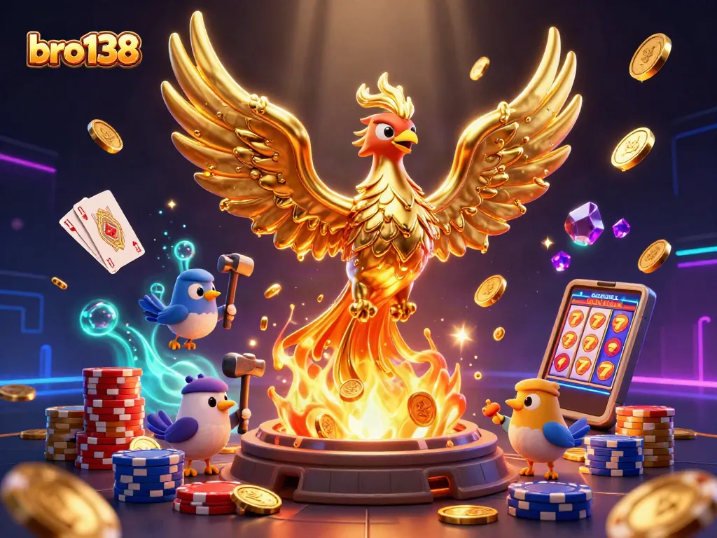 Engage in thrilling spins at bro138 with a stunning golden phoenix and casino elements!