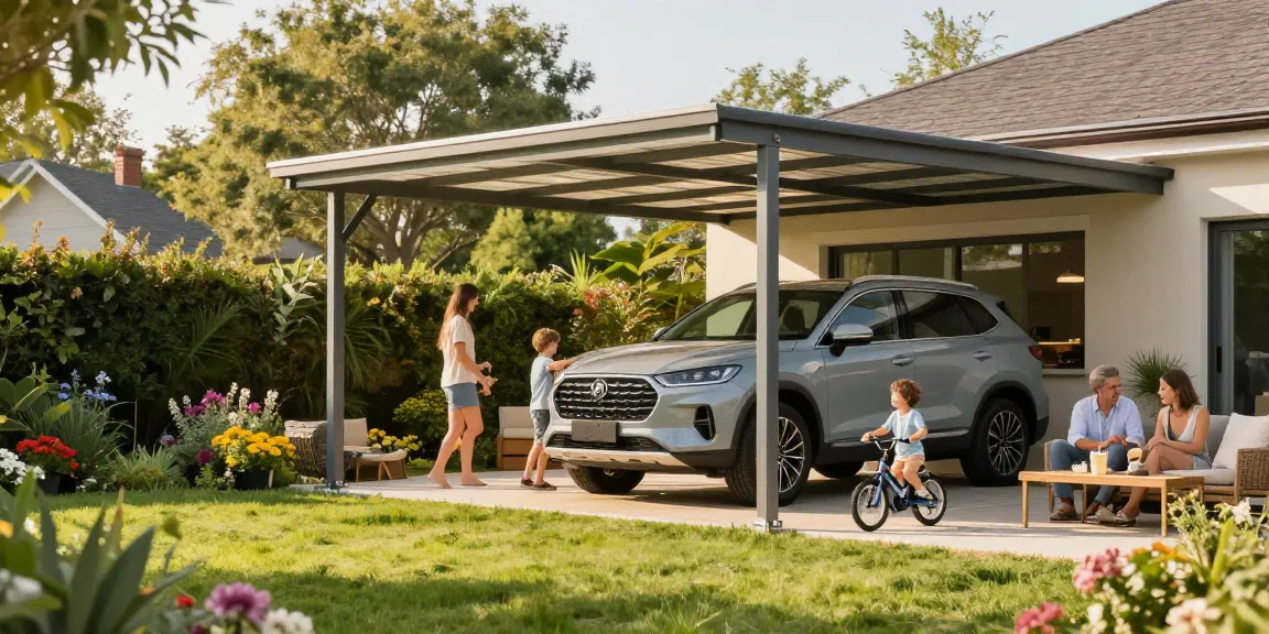 Moderne Carport-Installation mit Parkwagen und Garten, ideal für Familien mit Kindern.