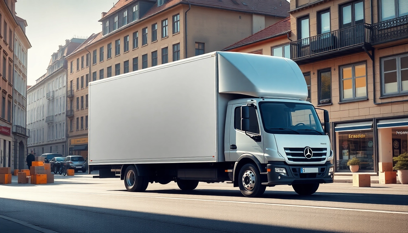 Umzugsunternehmen Speyer transport truck moving furniture through a busy street.