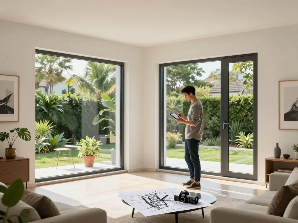 Innovatives modernes Zuhause mit Fenstert Schüco Aluminiumfenstern, während ein Architekt Designkonzepte skizziert.