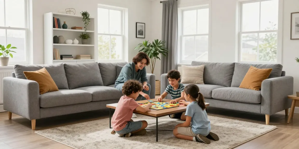 Gemütliches Wohnzimmer mit stilvollen Möbeln und spielender Familie, das das möbel online bestellen für ein einladendes Wohndesign betont.