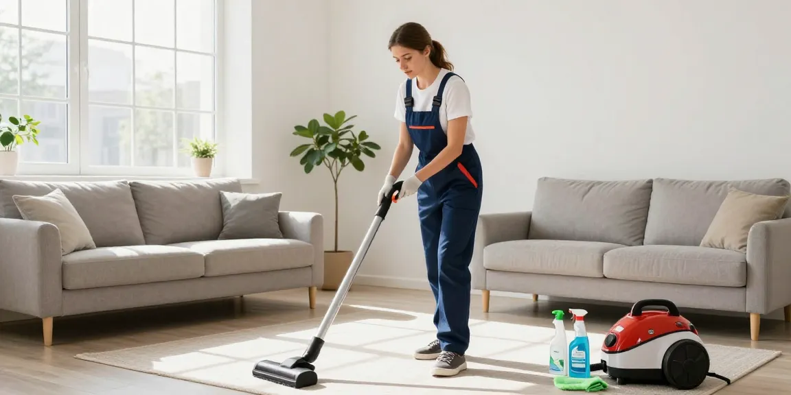 Cleaning expert demonstrating professional services from reinigungsfirmen solothurn in a bright living room.