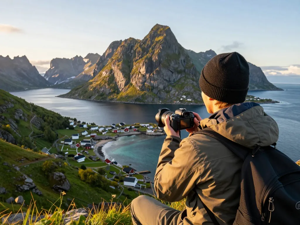 Erleben Sie atemberaubende Ausblicke während Ihres Urlaubs in Skandinavien auf den Lofoten, mit dramatischen Bergen und Fjorden.