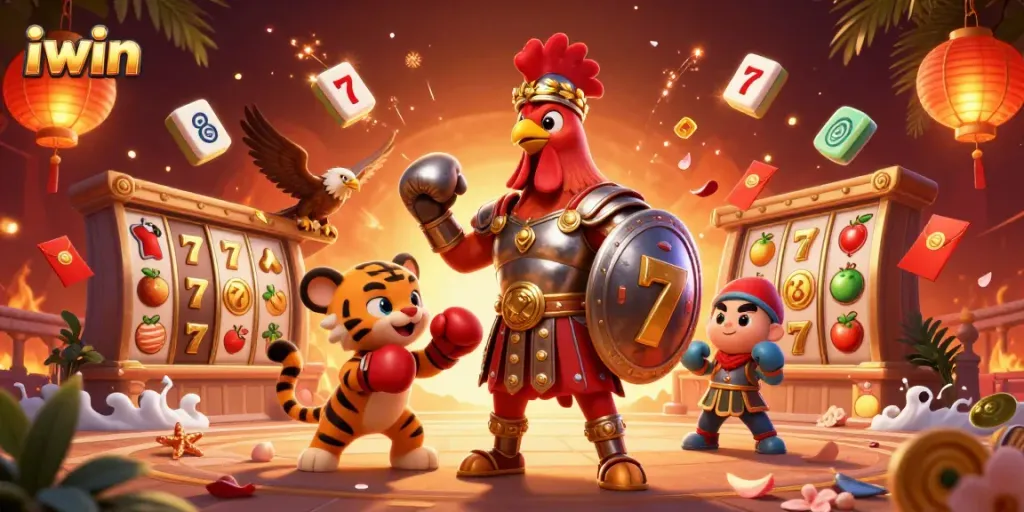 Spin the reels with iwin's colorful slot game featuring a gladiator rooster and dynamic casino elements.