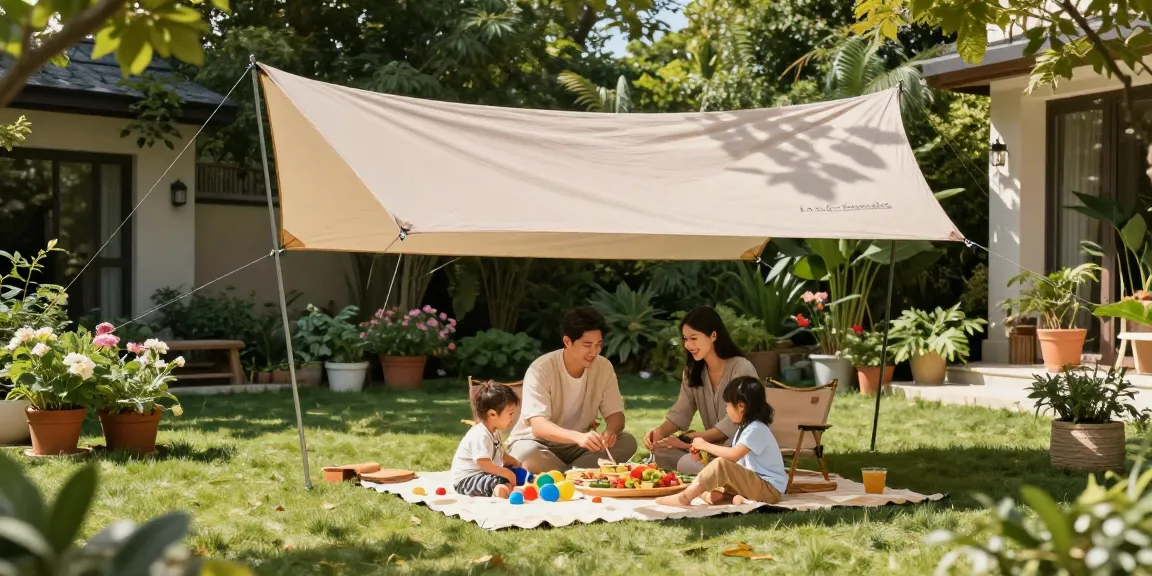 Freistehende Terrassenüberdachung in einem Garten mit Familie, die ein Picknick genießt.
