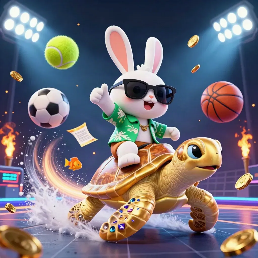 Hase auf Goldschildkröte mit Bällen, Münzen und Stadionlicht im Casino-Stil