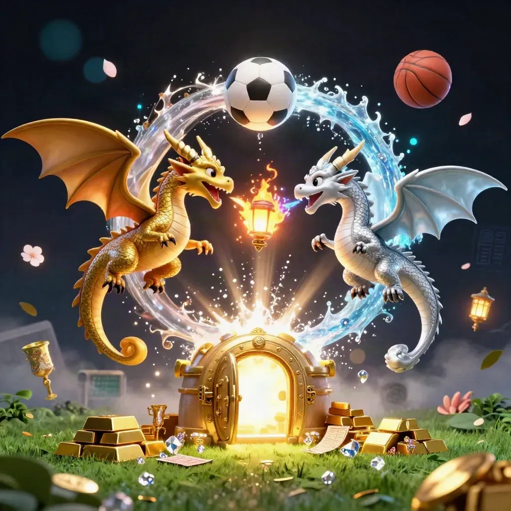 Goldener und silberner Drache mit Fußball, Schätzen und magischem Casino-Glanz.