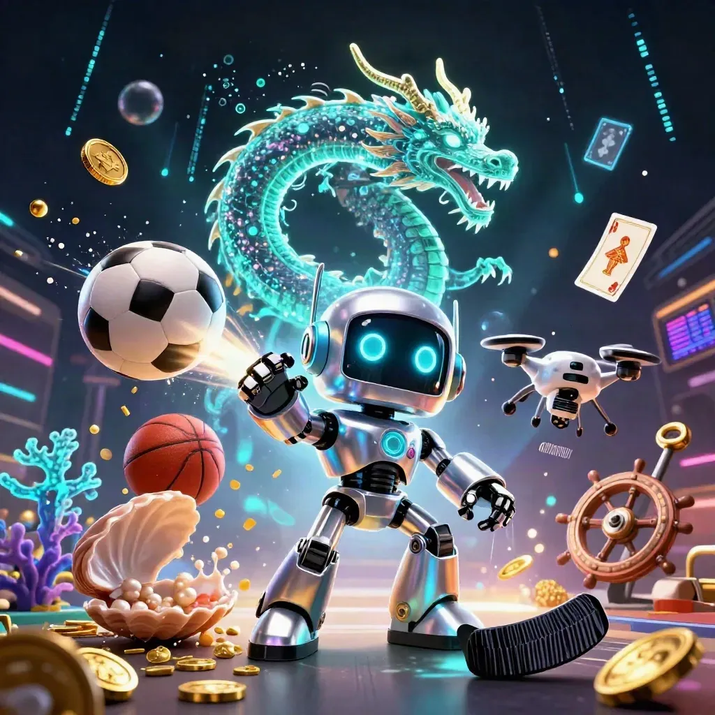 Cyber-Roboter, Hologramm-Drache und Drohne in Neon über Gold, Korallen, Bällen und Partikeln.