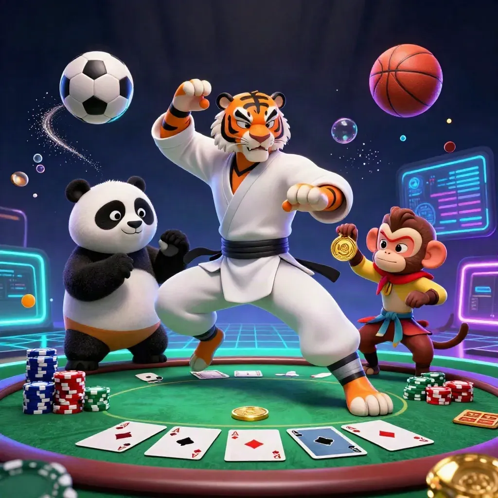 Tiger, Panda und Affe in explosiver Casino-Sportszene mit Pokerchips und goldener Medaille