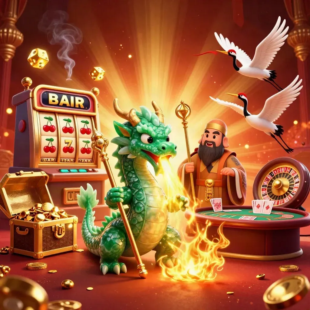 Drache, Schildkröte und Kraniche vor Jackpot, Roulettetisch und Goldglanz.