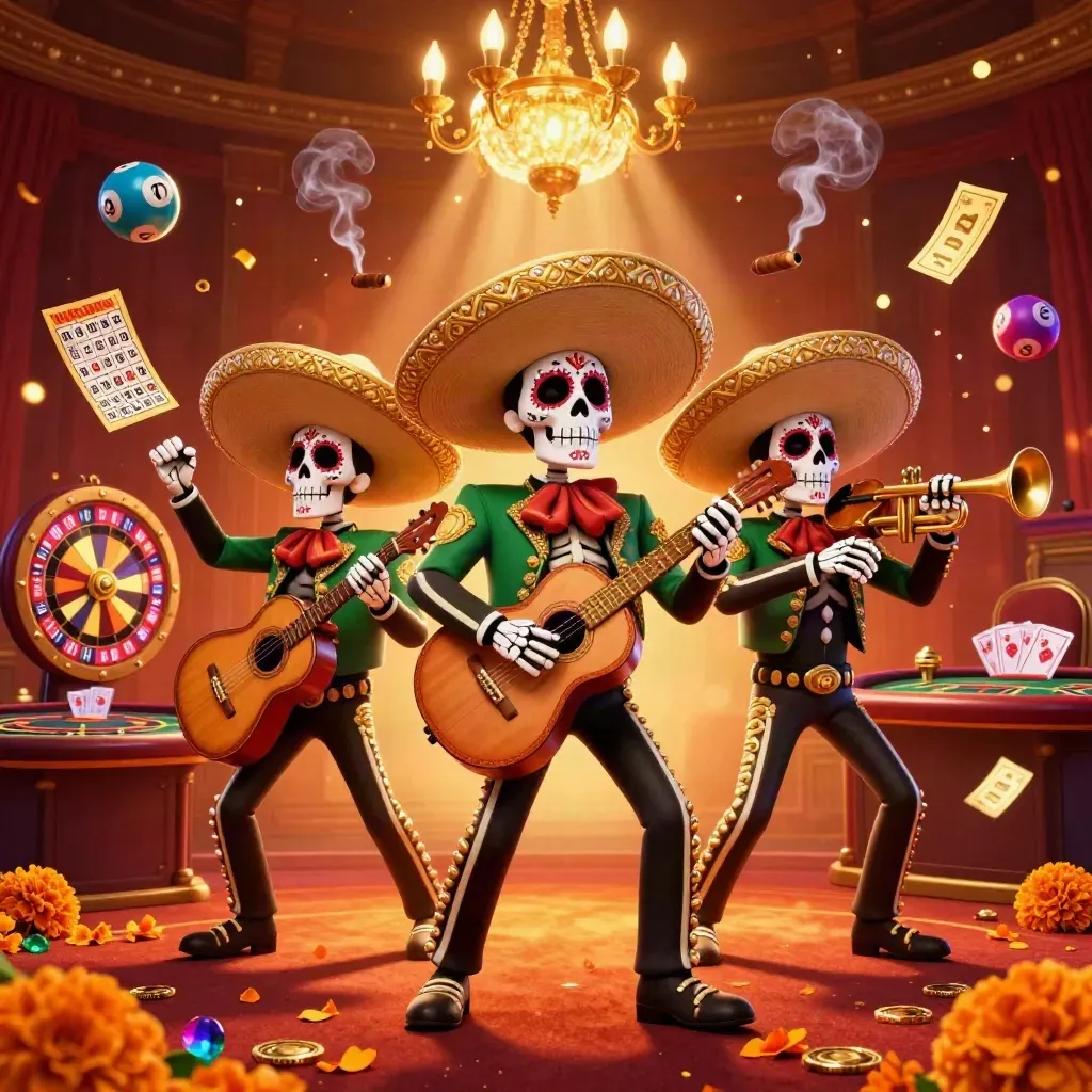 Skelett-Mariachis im Casino mit Gold, Glücksrädern, Lotteriekugeln und warmem Glanz