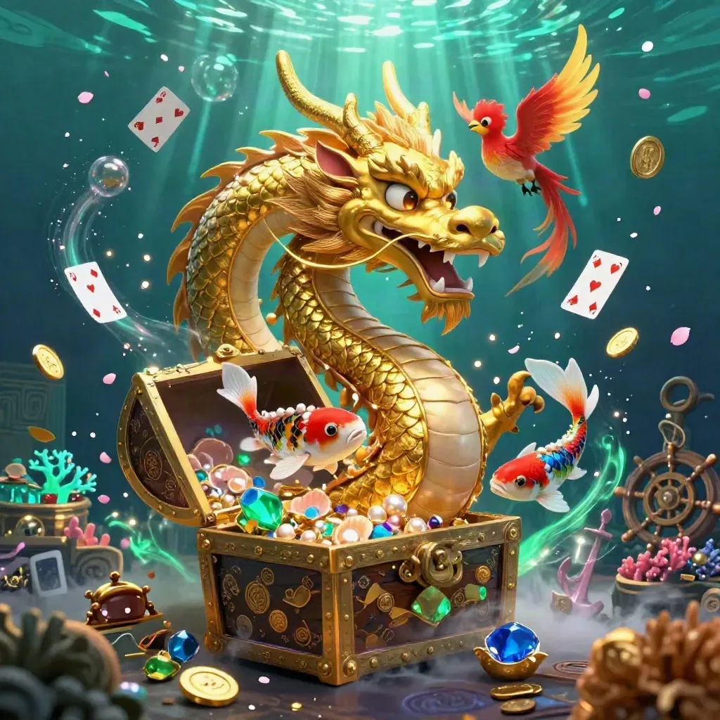 Goldener Drache, roter Phönix und Koi im Unterwasser-Schatz mit Münzen und Korallen
