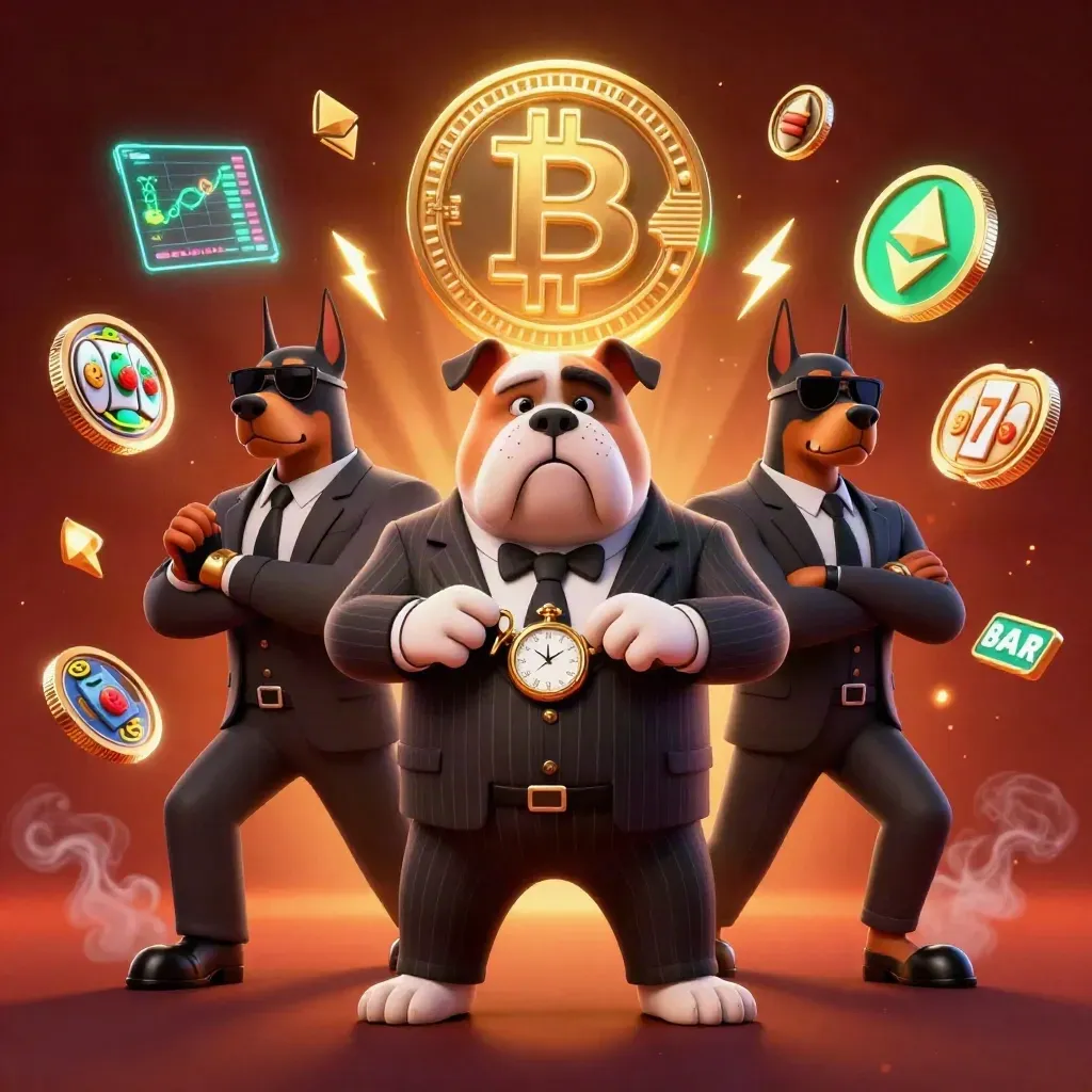 Drei Cartoon-Gangsterhunde vor glühendem Casino-Hintergrund mit Coins, Blitzen und Slots