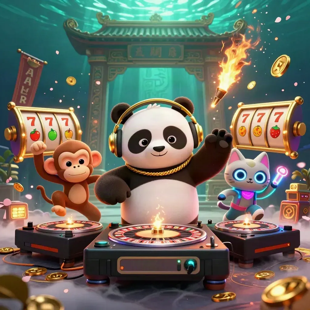 DJ-Panda, Breakdance-Affe und Glow-Stick-Katze vor Tempel mit Gold, Runen und Jackpot-Effekten.