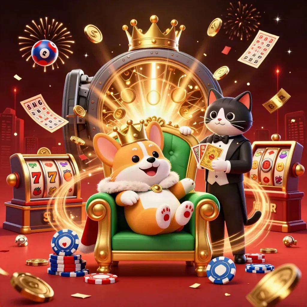 3D-Cartoon-Corgi und Katzenbutler feiern mit Münzen, Slot-Reels und Jackpot-Glanz