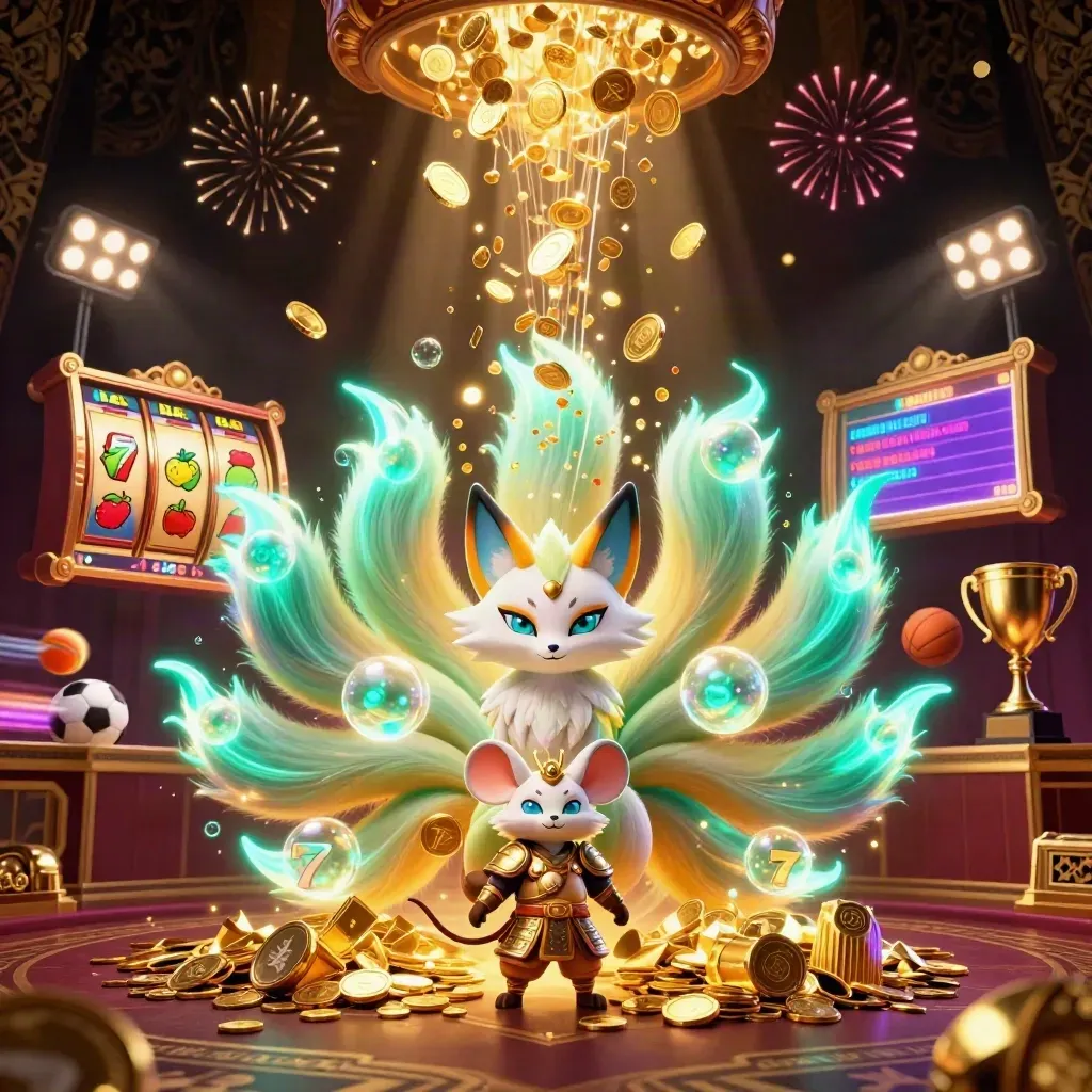 Neon-Fuchs mit Samuraimaus, Goldmünzen, Slots und Feuerwerk vor dunklem Luxus-Hintergrund