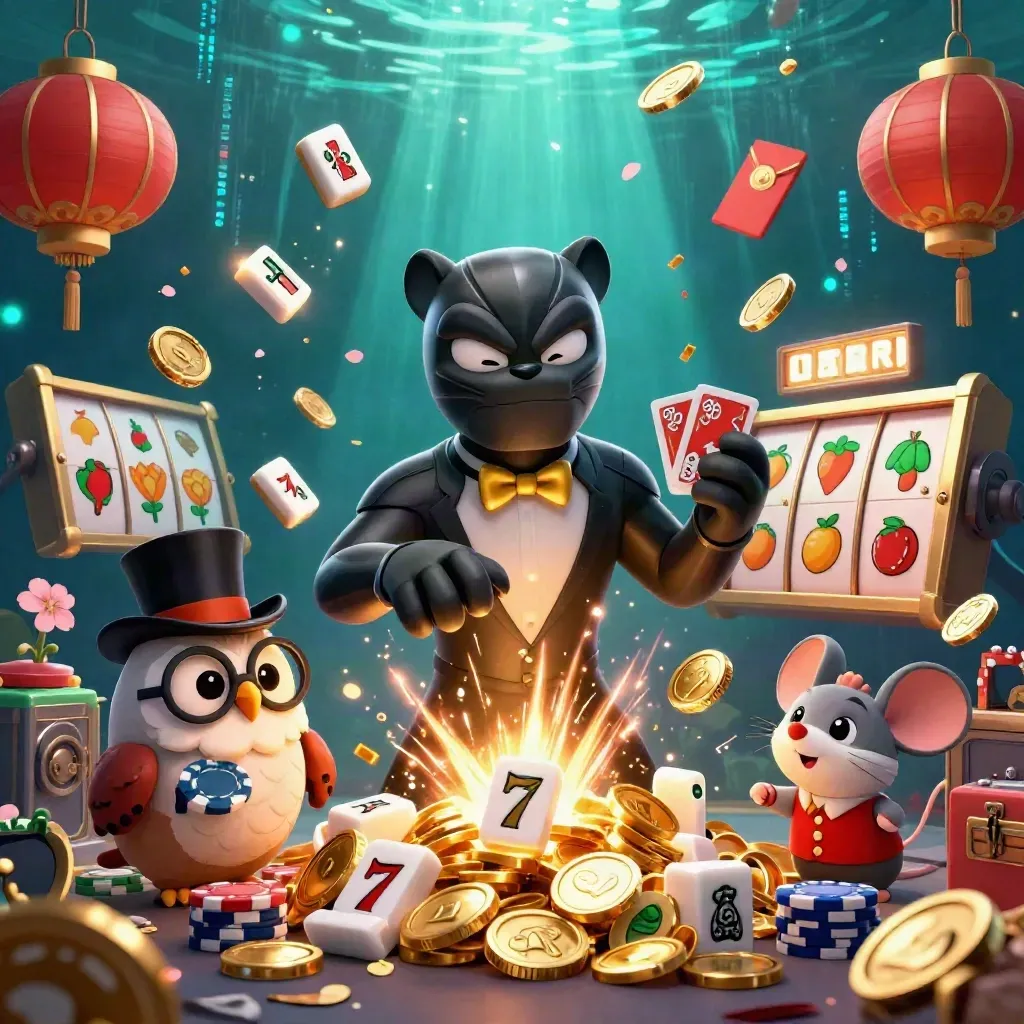 Panther, Eule und Maus feiern in einer Münzexplosion mit Glücks- und Jackpot-Elementen.