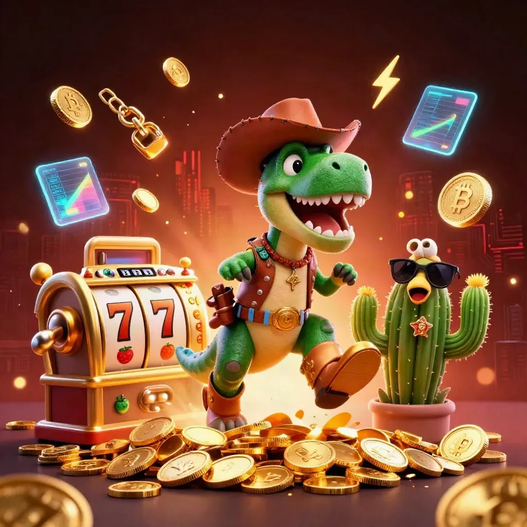 3D Cowboy-T-Rex, Kaktus und Roadrunner vor Goldmünzen, Slots und Casino-Glanz