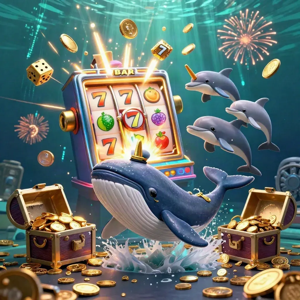 Wal, Narwal und Delfine feiern mit Goldmünzen, Slotmaschine und Jackpot unter Wasser.
