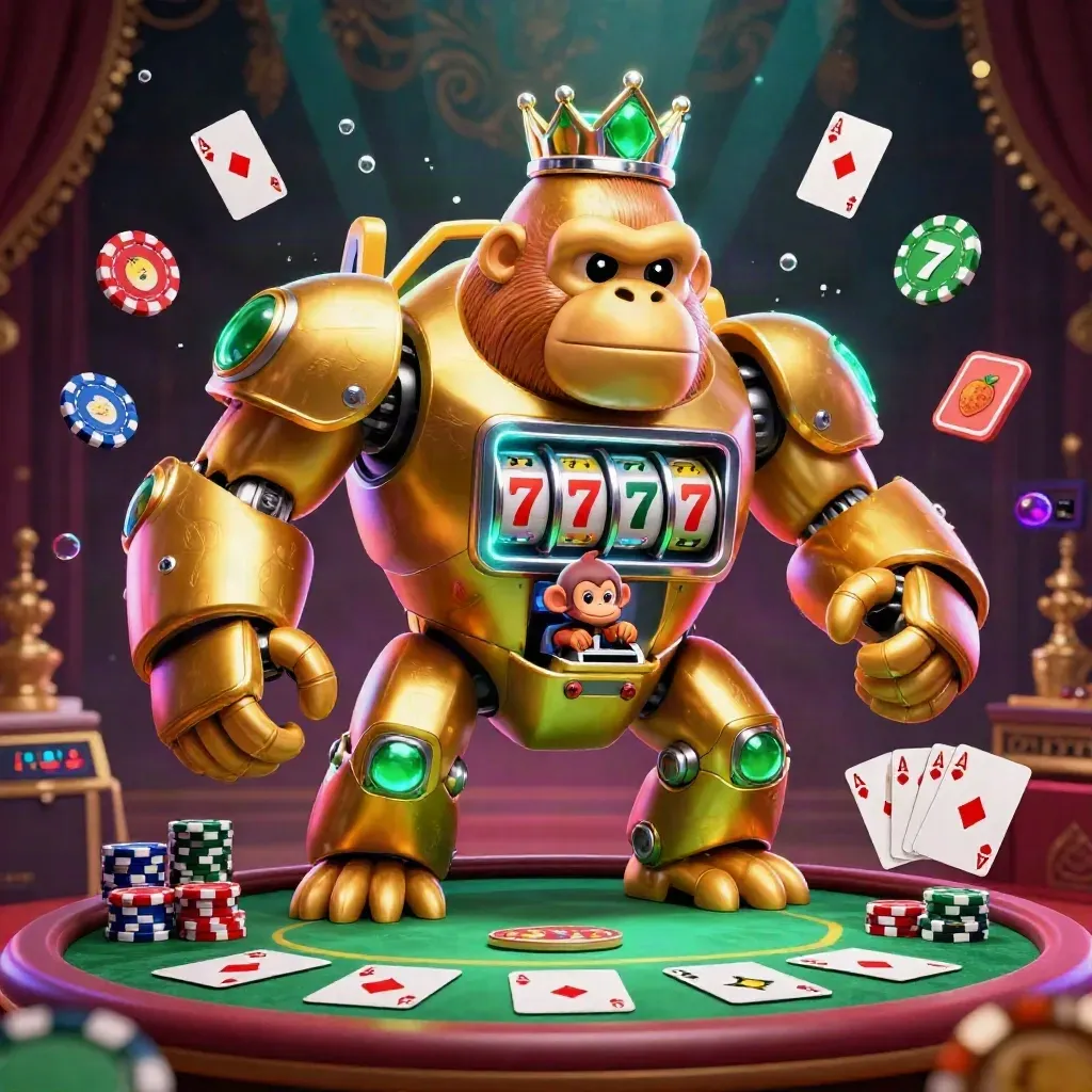 Goldener Gorilla-Mech mit Affenpilot, Slot-Reels, Pokerchips und Luxus-Casino-Glamour