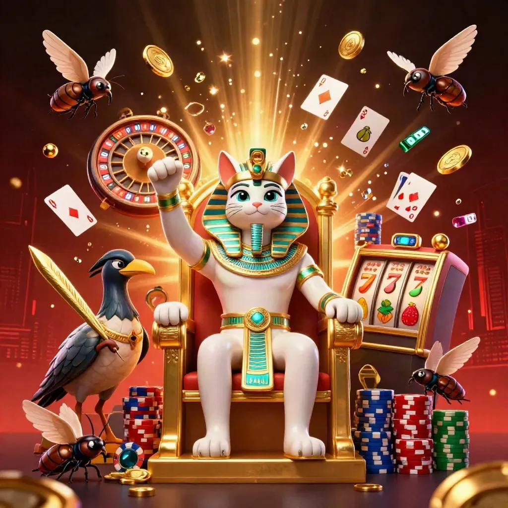 Pharao-Katze auf Thron, Ibis, Skarabäen, Münzen, Roulette und Spielsymbole im Casino-Glanz.