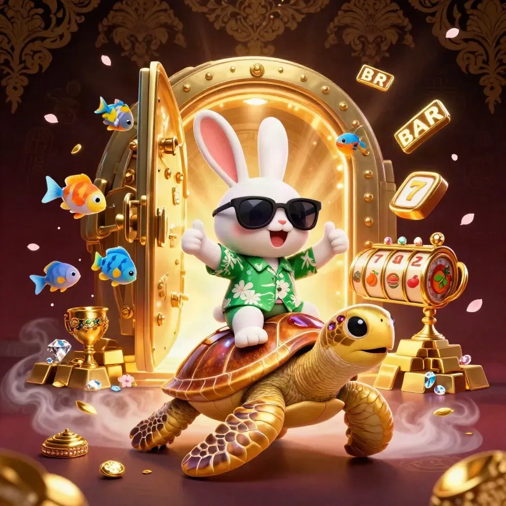 Lustiger Hase auf goldener Schildkröte, umgeben von Gold, Juwelen und Slot-Symbolen.