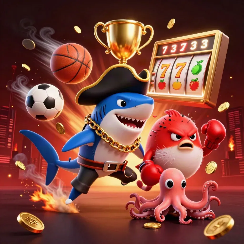 Drei Casino-Helden: Haikapitän, Box-Kugelfisch und Baby-Oktopus mit Gold, Bällen und Walzen.
