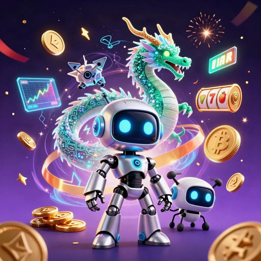 Neon-Roboter, Holo-Drache und Drohne mit Münzen, Funken und Glücks-Slots im dunklen Casino.