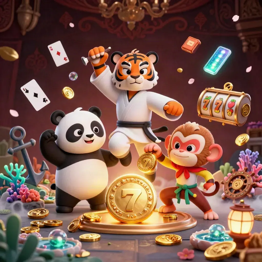 Tiger, Panda und Affe um einen goldenen Glücks-Medaillon im Casino-Glow