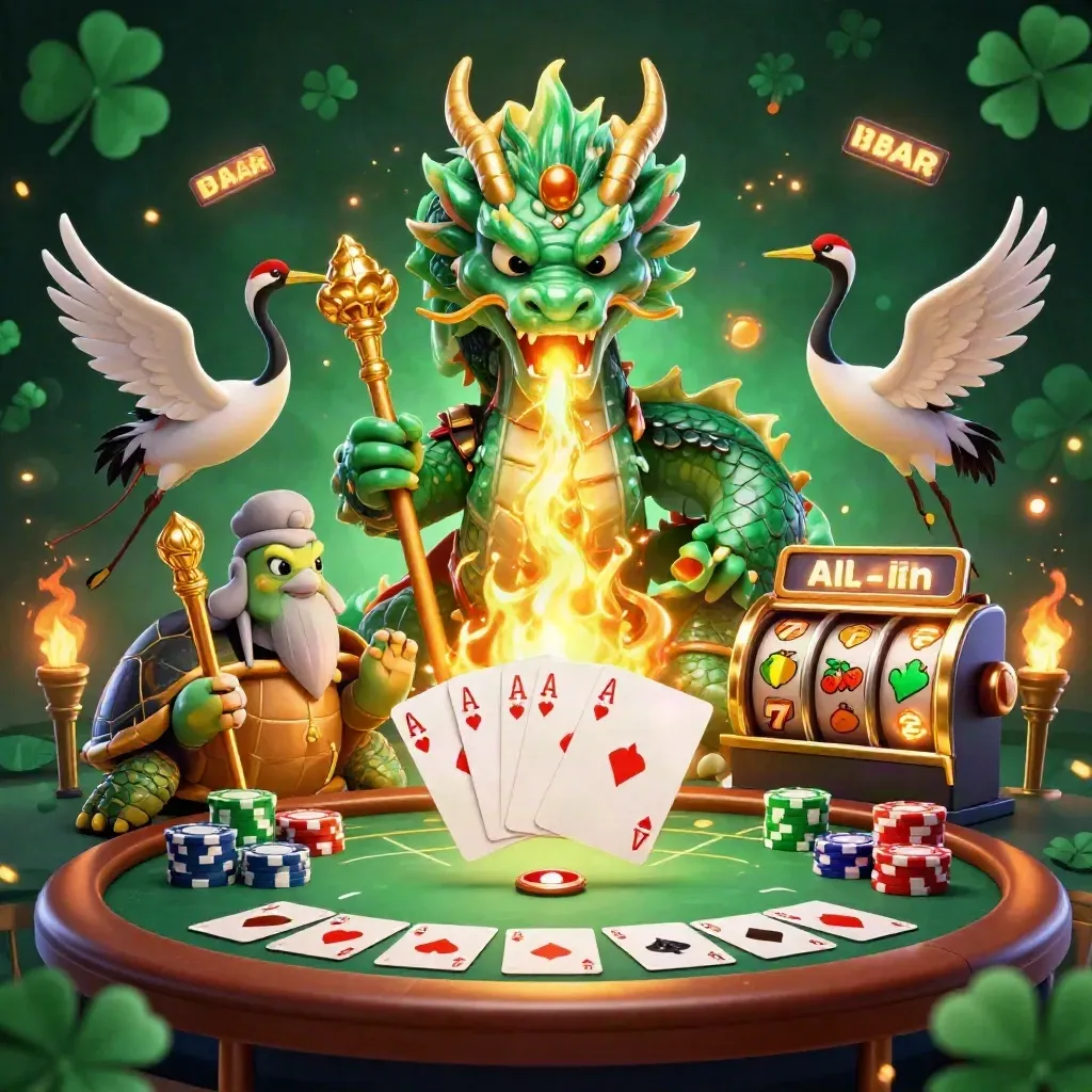 Jade-Drache, Schildkröte und Kraniche mit Poker- und Slot-Elementen in Goldgrün